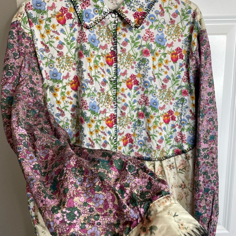 Vintage Inspired Oversized S Mixed Floral Patchwork Prairie Mini Dress - Picture 3 of 9